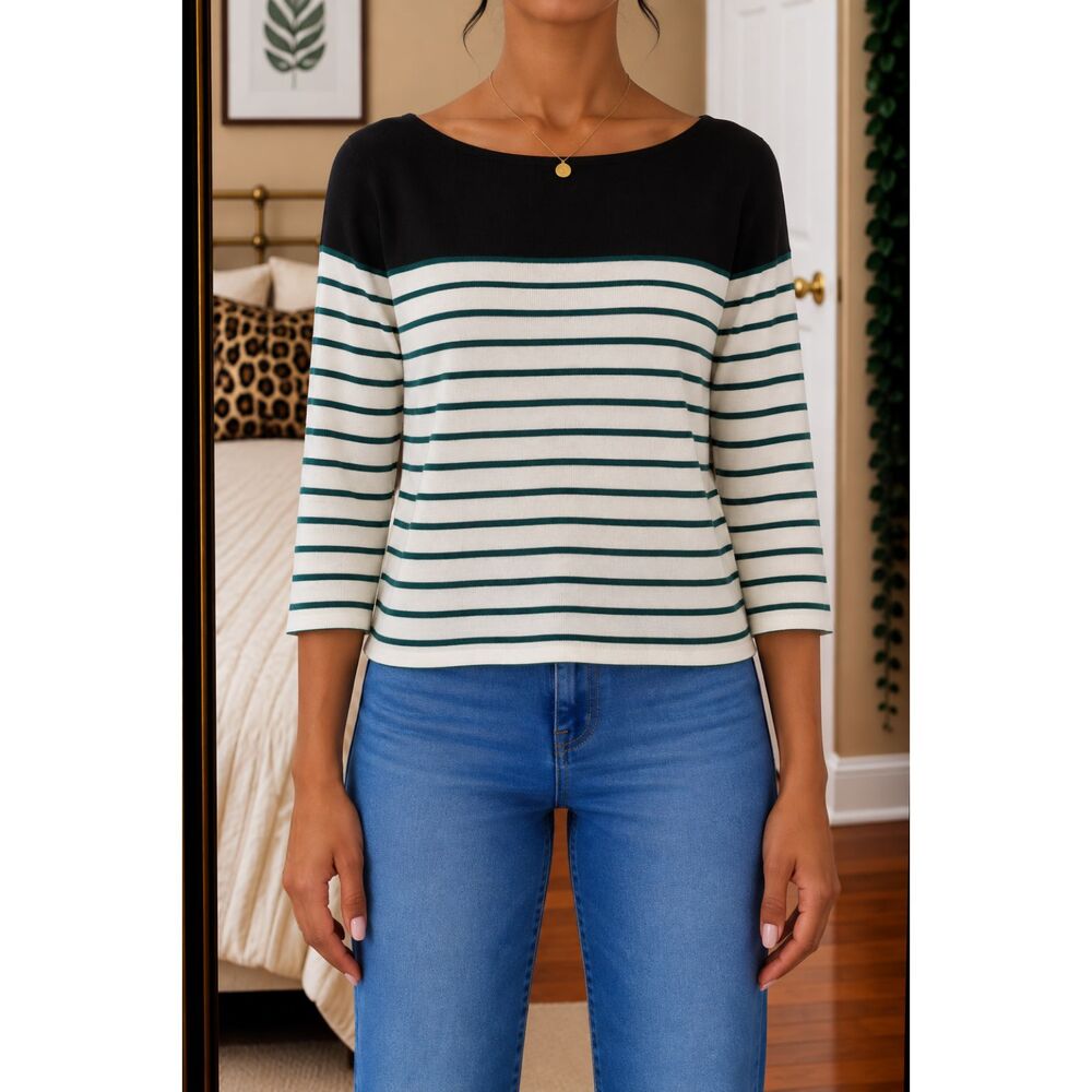 Cynthia Rowley Women Size S Green and White Striped Sweater Top Casual